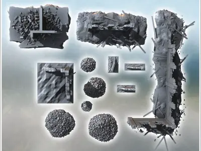 Set of ruins with wall sections windows and debris 1 - Modern WW 3D print model