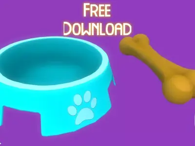 Stylized Light Blue Pet Bowl and Bone Toy Free low-poly 3D model