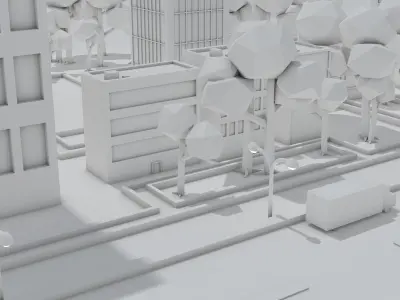 Low poly city with buildings and trees Low-poly 3D model