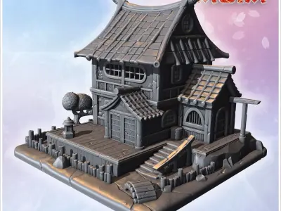Traditional Japanese house with steep roof wooden beams and smal 3D print model