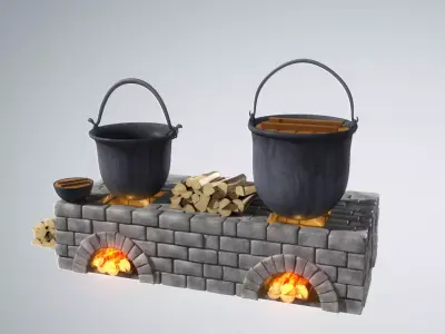 Fireplace Area with Pots and woods 3D model