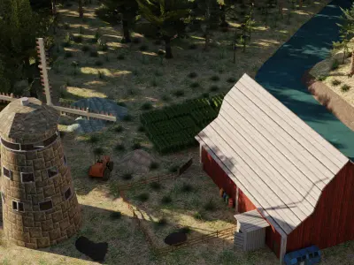 A Rustic Countryside Farm with Windmill and Riverside Barn 3D model
