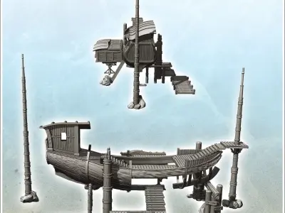 Dwelling in wooden boat hull with masts and pontoons 1 - Pirate  3D print model