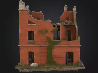 Abandoned Red Brick House 3D Model  Overgrown Post Apocalyptic Low-poly 3D model