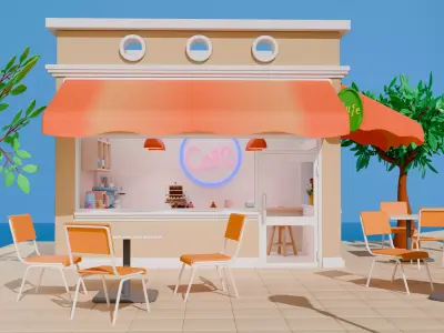 Stylized Isometric Cafe with Retro Van  Modular Blender Scene Low-poly 3D model