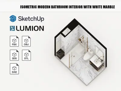 Isometric modern bathroom interior with white marble 3D model