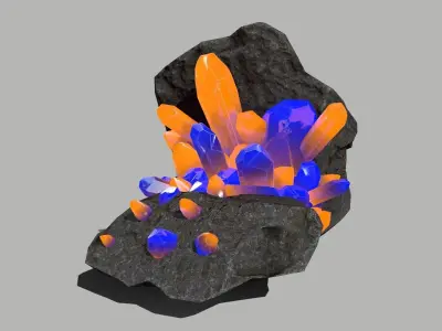 Crystal Set rock with orange and crystals Low-poly 3D model
