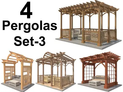 Pergolas Set 3 wooden pergola with bench and table Low-poly 3D model