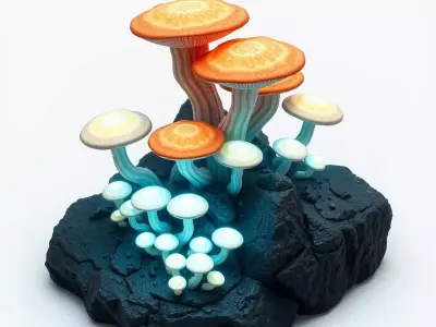 Fantasy Bioluminescent Mushroom Rock Cluster Low-poly 3D model