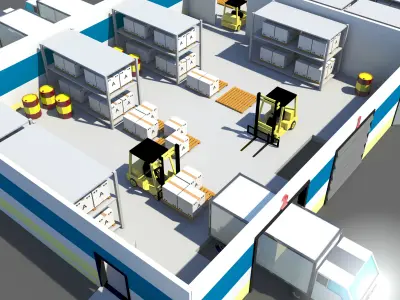 3D model Low Poly Warehouse with Forklift and Truck Low-poly 3D model