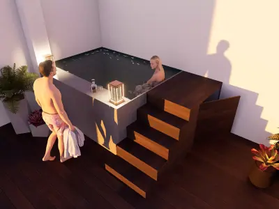 Modern Small Pool with Wooden Deck and Stairs Free low-poly 3D model