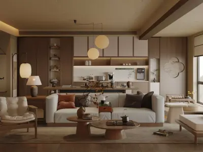 Chinese style living and dining room 3D model