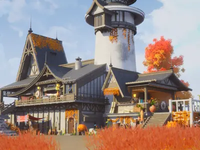 Stylized Autumn Oakfall House  UE Environment Low-poly 3D model