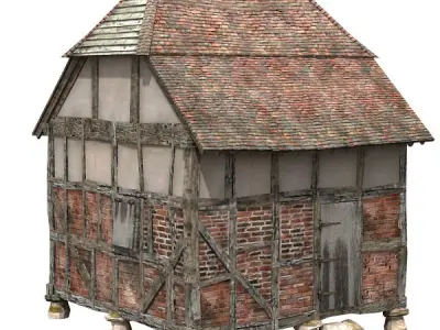 Grainstore brick building with wooden roof 3D model