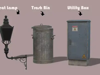 Urban Street Props Pack  Utility Box Trash Bin Street Lamp Low-poly 3D model