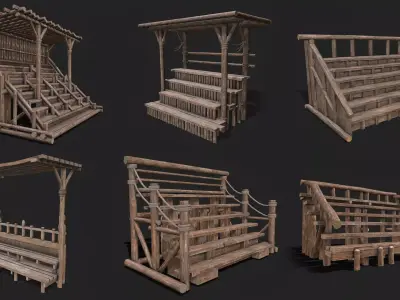 Medieval Wooden Bleacher Tribune Low Poly PBR Collection 3D Model Pack
