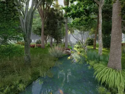 Forest jungle with bridge and trees Low-poly 3D model