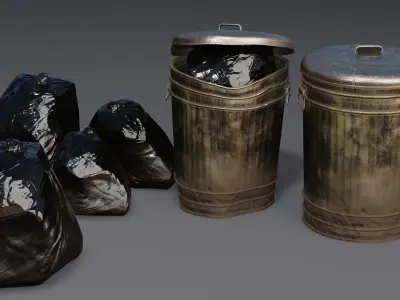 Metal Trash Can and Bags - Game Ready Low-poly 3D model