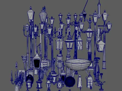 Realistic street lamps candles wall mounted lights  pots torches Low-poly 3D model