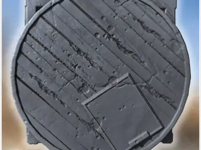 Large round barrel placed on sturdy wooden base with crisscross  3D print model
