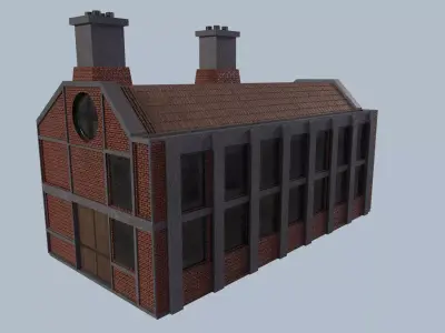 Factory brick building with two chimneys Low-poly 3D model