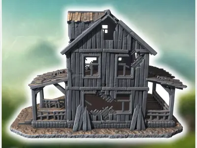 Large wooden house with a damaged porch broken roof shingles and 3D print model