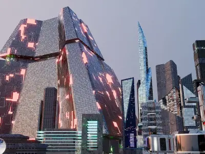 pack of 17 CyberPunk buildings Low-poly 3D model