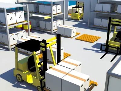 3D model Low Poly Warehouse with Forklift and Truck Low-poly 3D model
