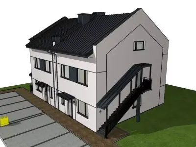Semi Detached Duplex House 3D Model  Modern Two Unit Building 3D model