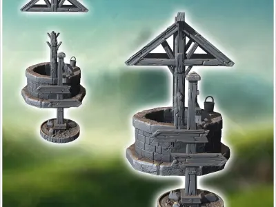 Outdoor accessory set with tile-roofed well wooden sign and lett 3D print model