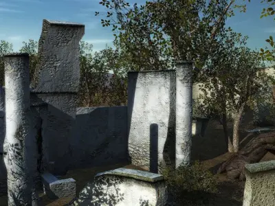 Ruins and trees in woods Low-poly 3D model