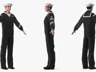  Asian Sailor US Navy in Black Uniform A-Pose 