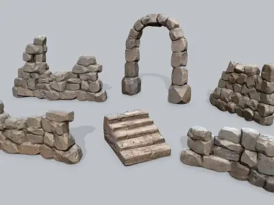 Ruin wall Low-poly 3D model