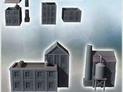Set of two brick industrial buildings with adjacent tanks and ev 3D print model
