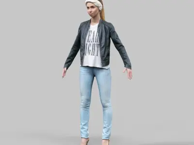 Cute girl in jeans leather jacket and bandana Rigged Low-poly 3D model