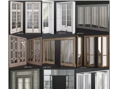 Doors low poly 3d model collection door with glass panels Low-poly 3D model
