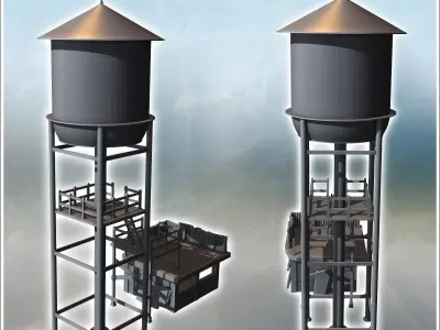 Tall water tower with adjacent platforms and access ladders surr 3D print model
