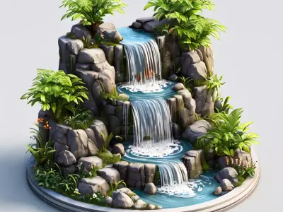 Stylized Tropical Waterfall Diorama Low-poly 3D model