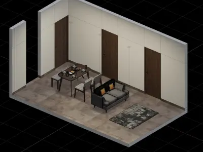Isometric Open Space Interior Dining Living Room 3D model