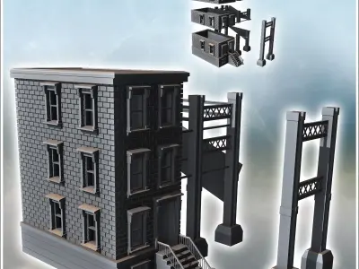 Modern brick building with floors access stairs and metal beam s 3D print model