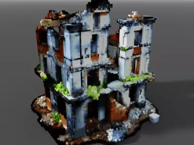 Voxel Ruined Building Post-Apocalyptic Urban Decay Low-poly 3D model