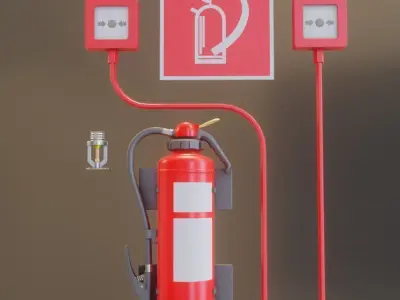 Fire Protection Set with Red Hydrants 3D Model Pack