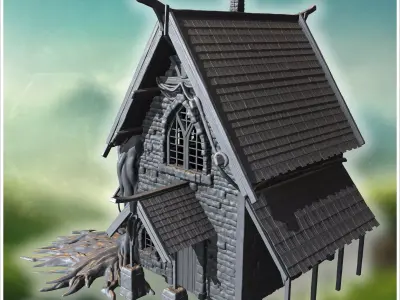 Small chapel with stone walls large stained glass window and woo 3D print model