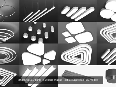 30 ceiling LED lights in various shapes - cable suspended 3D Model Pack