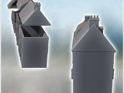 Set of four damaged modern buildings with large access door and  3D print model