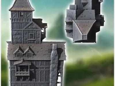 Medieval half-timbered stone building with large awning 35 - Med 3D print model