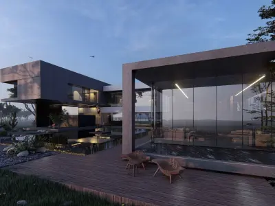 Modern beach house with 3d grass Revit free basic furniture 3D model