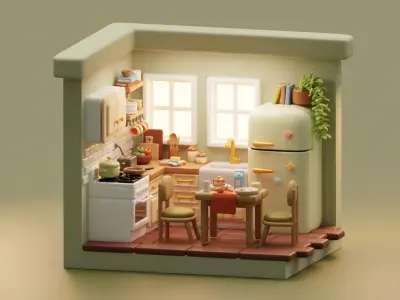 Isometric Stylized Cartoon Kitchen 52 items interior Pack Low-poly 3D model