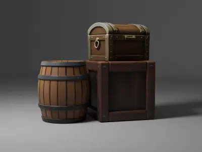 Wooden box chest and barrel set Free 3D model