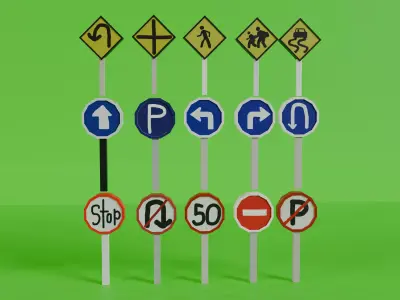 Low Poly Cartoon Traffic Signs Pack  15 Models Free low-poly 3D model